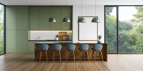 Poster - Modern kitchen with island featuring green cabinets and large window overlooking forest