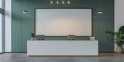 Poster - Modern office interior with reception desk, computers and empty frame mockup