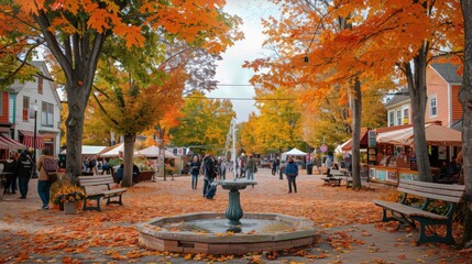 Poster - A village square with a fountain surrounded by benches and trees ablaze with fall foliage, with locals and visitors enjoying a festive market under a clear October sky.