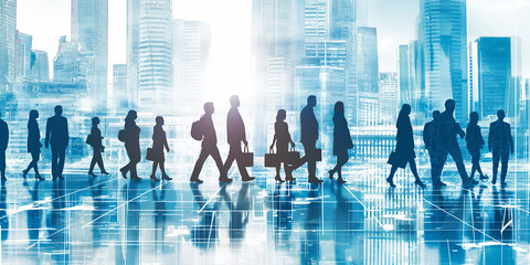 Poster - Business people walking in futuristic cityscape concept