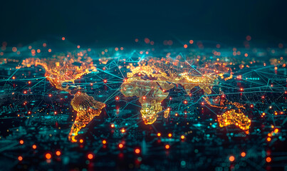 Poster - Global Social Network Concept Visual Representation with Illuminated World Map, Interconnected Nodes and Lines, Night Setting, Futuristic Technology and Connectivity Theme