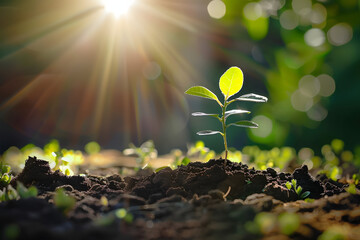 Wall Mural - small tree growing with sunshine in garden. eco concept