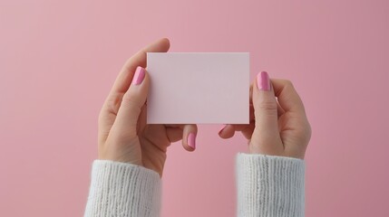 woman holding a blank business card with pink nails against a pastel pink background. perfect for mo