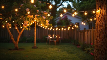 garden party aglow with decorative string lights, setting a festive mood.