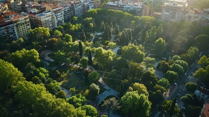 Poster - Madrid's commitment to sustainability, showcasing green initiatives and eco-friendly spaces in an aerial environmental portrait.