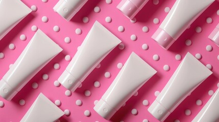 Sticker - Mock up of high quality photo of blank white cosmetic tubes for toner on pink background with a pattern