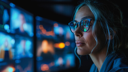 Poster - cyber sleuth: a woman, illuminated by the glow of multiple monitors, analyzes data with unwavering f