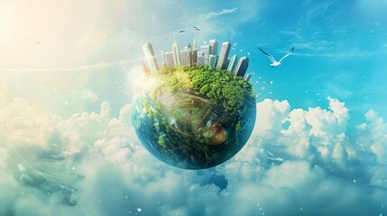 Poster - background image with ample white space for easy cropping. In the center, depict a blue planet with a cityscape on its dome. The city should feature sustainable architecture,generative ai