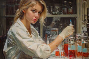 Poster - young woman scientist working in a laboratory with syringe and glass bottles