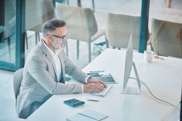 Poster - Finance, typing and mature man at computer with budget plan, research or business funding report. Tax advisor, risk management and businessman in office with calculator, online audit or sales review