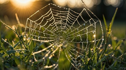 Dew-covered Spider Web at Sunrise, Nature, Morning, Sunlight, Dewdrops, Cobweb, Macro Photography, Sparkling, Grass, Golden Light