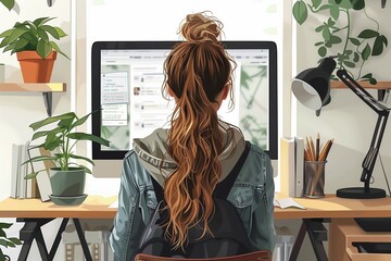 Poster - Woman With Long Brown Hair Working On Computer In Home Office