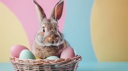 Poster - Cute Easter bunny with dyed eggs in basket on colorful backdrop