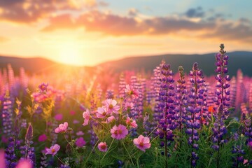 A vibrant field of wildflowers in various colors blooms under a breathtaking sunset sky, creating a serene and picturesque natural scene filled with hues of pink and purple.