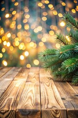 Poster - Wooden table with festive lights and evergreen branches.