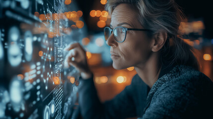 Poster - Decoding the Future: A focused woman analyzes complex data on a futuristic transparent interface, her glasses reflecting the glow of advanced technology. 