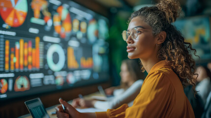 Poster - Data Driven Decisions: A focused woman in a modern workplace examines a large screen displaying intricate data visualizations, demonstrating the power of analytics in business.  