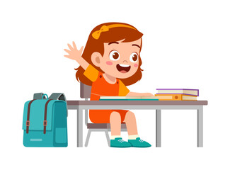 Wall Mural - little kid study on desk and raise hand to answer question