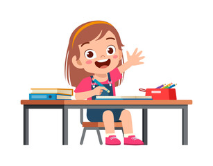 Sticker - little kid study on desk and raise hand to answer question