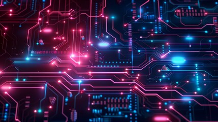 Poster - a vibrant digital background with neon circuits and luminous elements showcases technology and creat