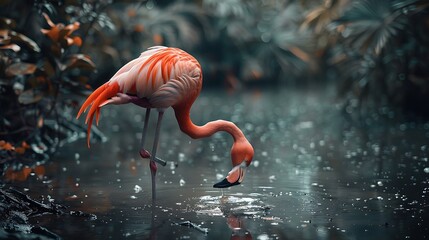 Poster - Pink Flamingo in a Lush Tropical Setting