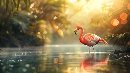 Poster - Pink Flamingo in a Lush Tropical Setting