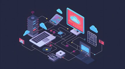 Wall Mural - an infographic illustrating the Internet Protocol, showing how data packets are formatted and transmitted over the internet or local network 