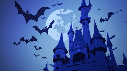 Poster - A castle with a large moon in the background and bats flying around it