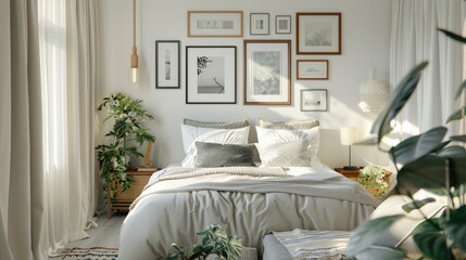 Wall Mural - Welcoming bedroom featuring assorted photo frame mockups on a white wall, Scandinavian design.