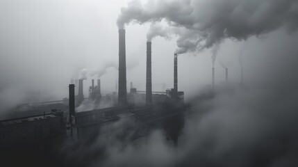 A factory complex with tall chimneys spewing smoke into a foggy atmosphere