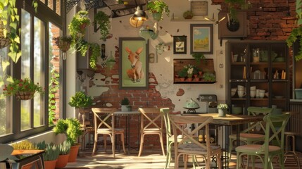 Wall Mural - A room with a brick wall and a green plant hanging from the ceiling