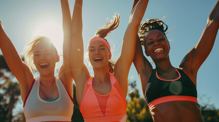 Three happy female athletes celebrating victory