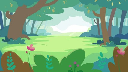 Wall Mural - animated forest scene with green grass and trees
