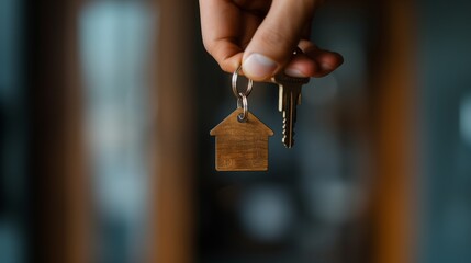 Hand holding keys with house charm against blurred background