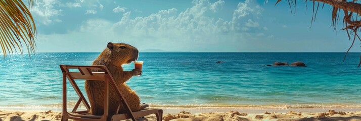 Canvas Print - Relaxing Capybara Enjoying a Beachside Retreat - A charming capybara sits on a beach chair, sipping a drink with a stunning ocean view, symbolizing relaxation, vacation, nature, wildlife, and summer v