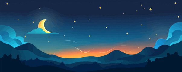 Wall Mural - shooting star streaking across a moonlit sky. vector flat minimalistic isolated illustration.