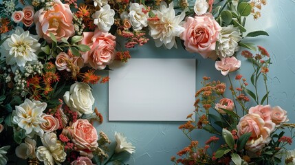 A white card surrounded by a vibrant floral arrangement on a blue background