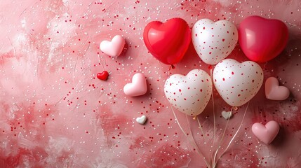 Wall Mural - A wall with a pink background and a bunch of balloons with hearts on them. The balloons are in different sizes and colors, and they are scattered all over the wall. Scene is cheerful and festive