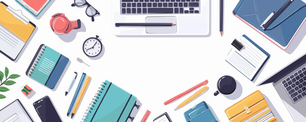 Office workspace with stationery items and laptop on a plain white backdrop. Vector flat isolated illustration.