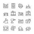© Matsabe - Furniture Manufacturing Processes, icon set. Stages and Tools in Furniture Production. Wood, Planer, Sander, Laser Cutter, Milling Machine, Lathe, Paint, Sewing, Polishing. Line with editable stroke