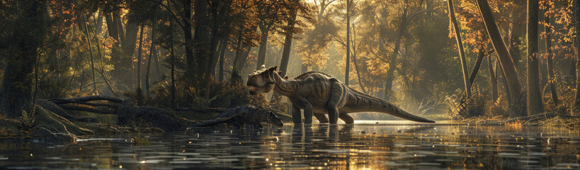 Poster - Majestic Dinosaur in Serene Forest Landscape - A stunning scene of a dinosaur in a tranquil, lush forest. The image captures prehistoric life with vibrant colors, reflections in water, and autumn foli