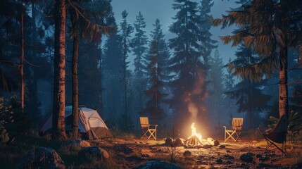 Poster - Campfire in the Forest at Night