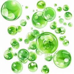 Poster - Illustration of green bubbles on white background, green bubble pattern design with transparent glass texture and light reflection effect