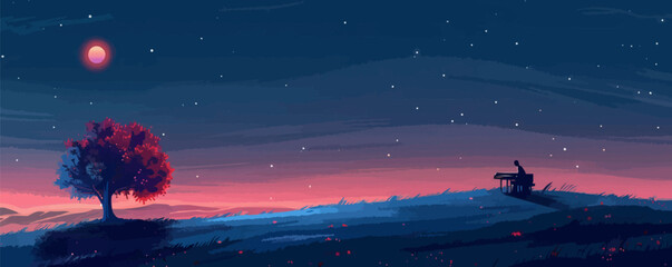 Wall Mural - harmonious melody played by a solitary musician under the starlight. vector flat minimalistic isolat