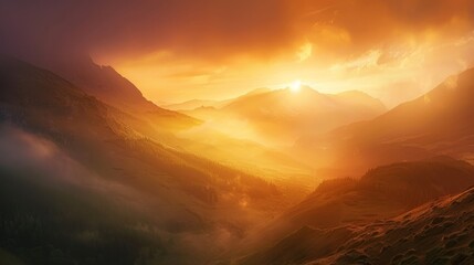 Poster - Serene Sunset Over Majestic Mountains - A breathtaking view of a sunset illuminating the mountains, symbolizing tranquility, nature's beauty, exploration, inspiration, and serenity.