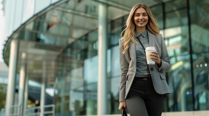 Canvas Print - A woman in a business suit is walking down a sidewalk with a cup of coffee in he