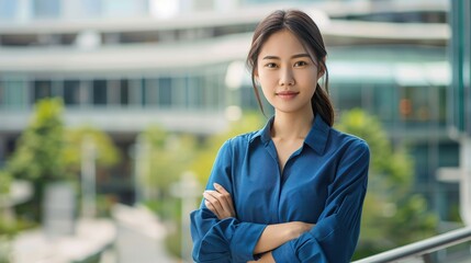 Wall Mural - A woman in a blue shirt is standing in front of a building