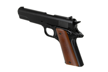 Poster - Semi-automatic pistol with wooden handle. Armament for the army and police. Short-barreled weapon. Isolate on white back.