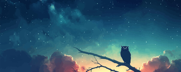 Wall Mural - night owl perched on a branch under a starry sky. vector flat minimalistic isolated illustration.