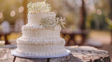 Poster - Vintage white wedding cake on rustic outdoor table with blurry background